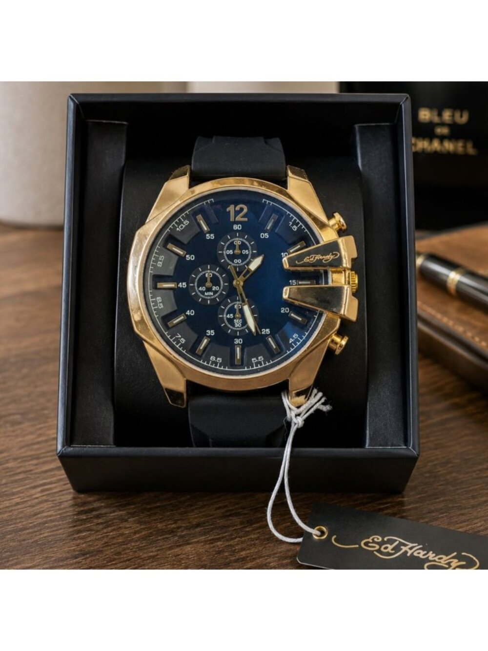 Ed Hardy Mens Gold-Tone Chronograph Watch w Black Silicone Strap & Box - NEW